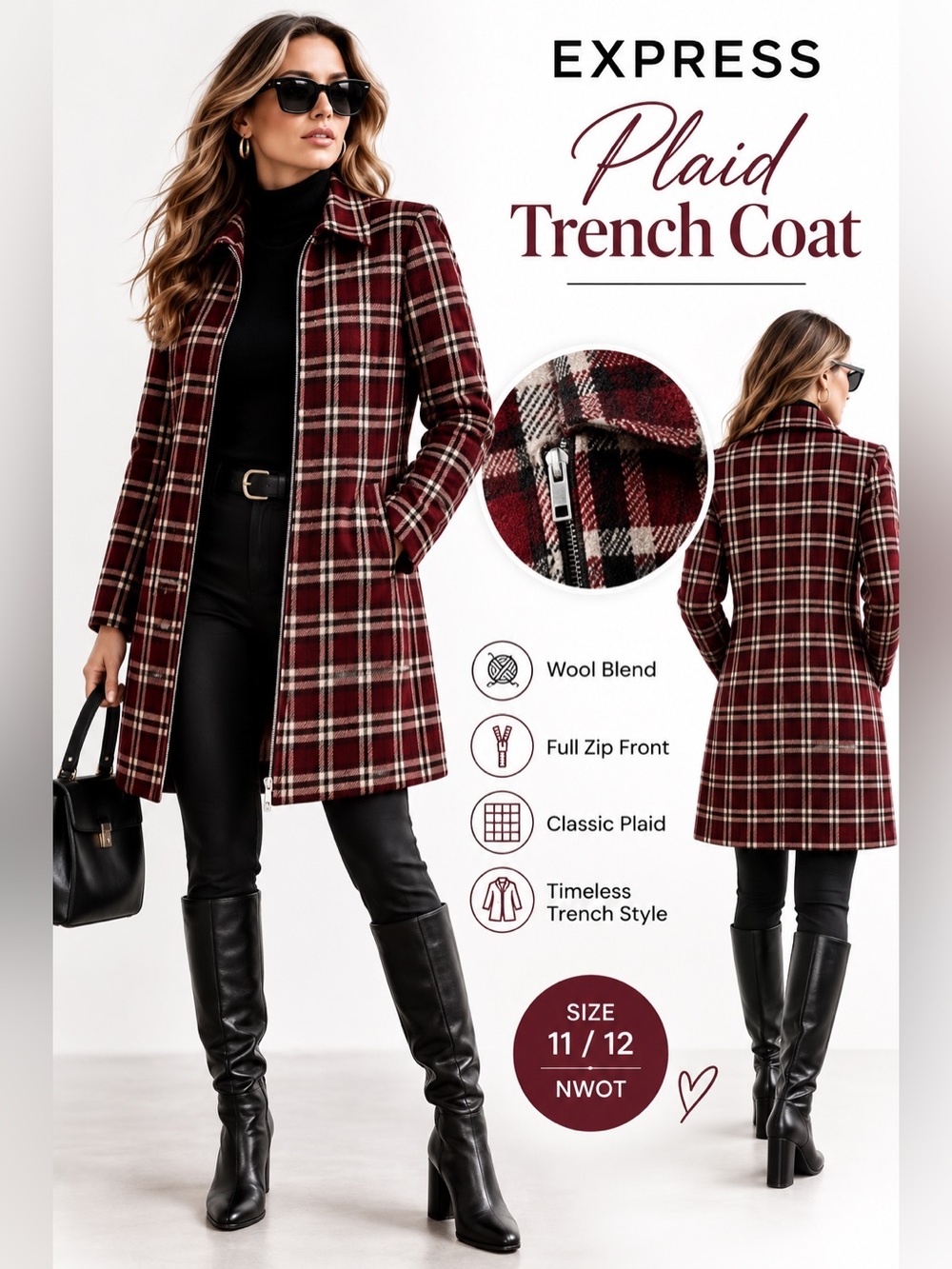 Express Burgundy Cream Plaid
Wool Blend Trench Coat Full Zip
NWOT Size 11/12